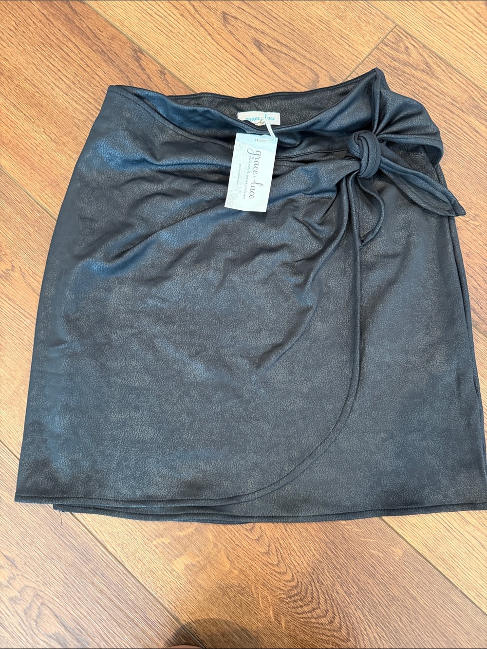 NWT Grace & Lace Black Faux-Leather Wrap look Mini Skirt